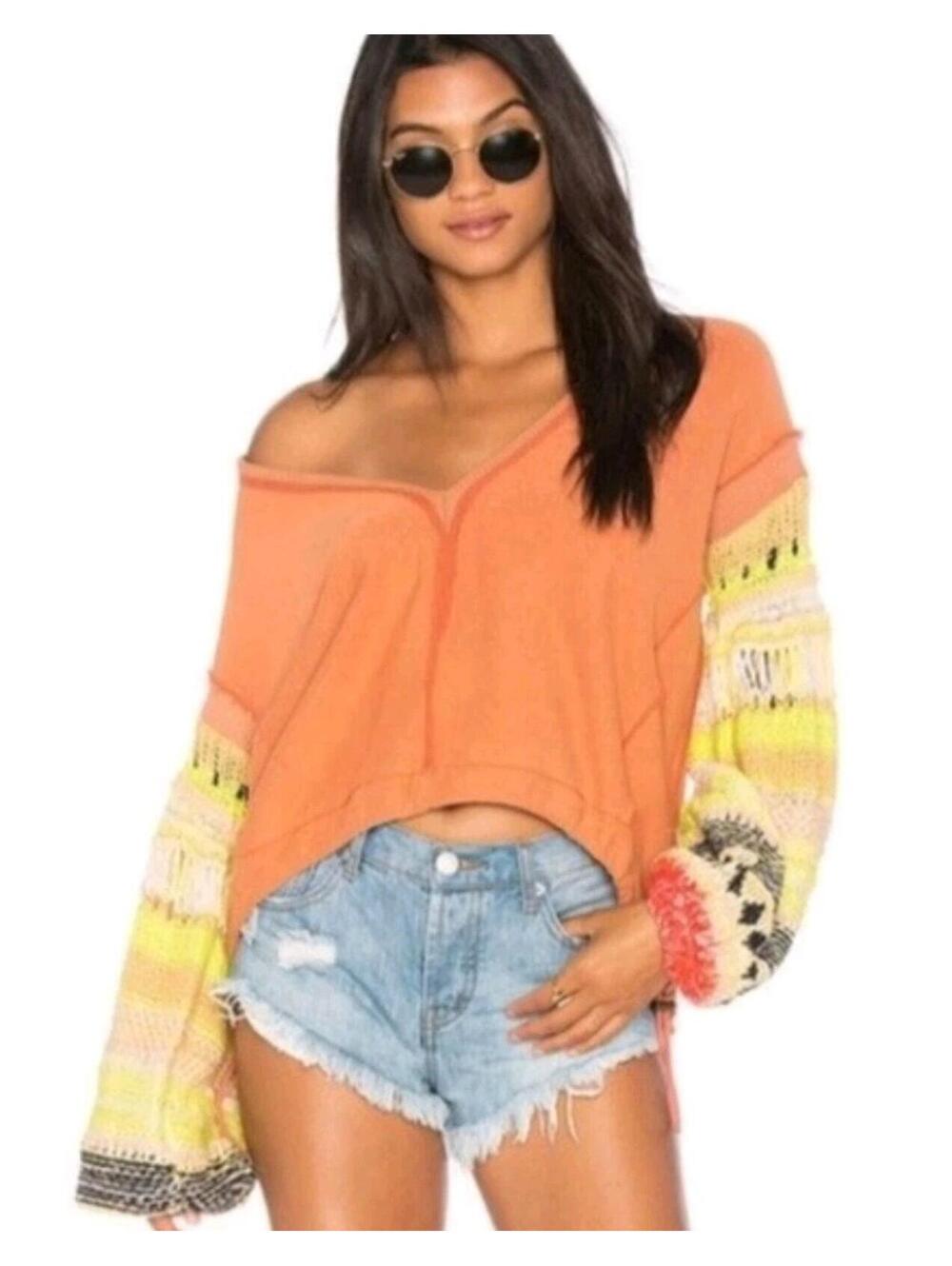 Free People Reminiscent Sweater in Terracotta LARGE Oversized Crochet Boho Y2K